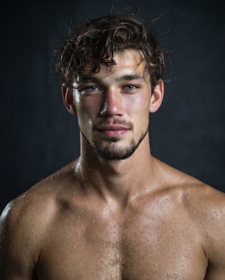 Portrait of Jake Thorne, a sunny athletic man in his late twenties in a grey t-shirt